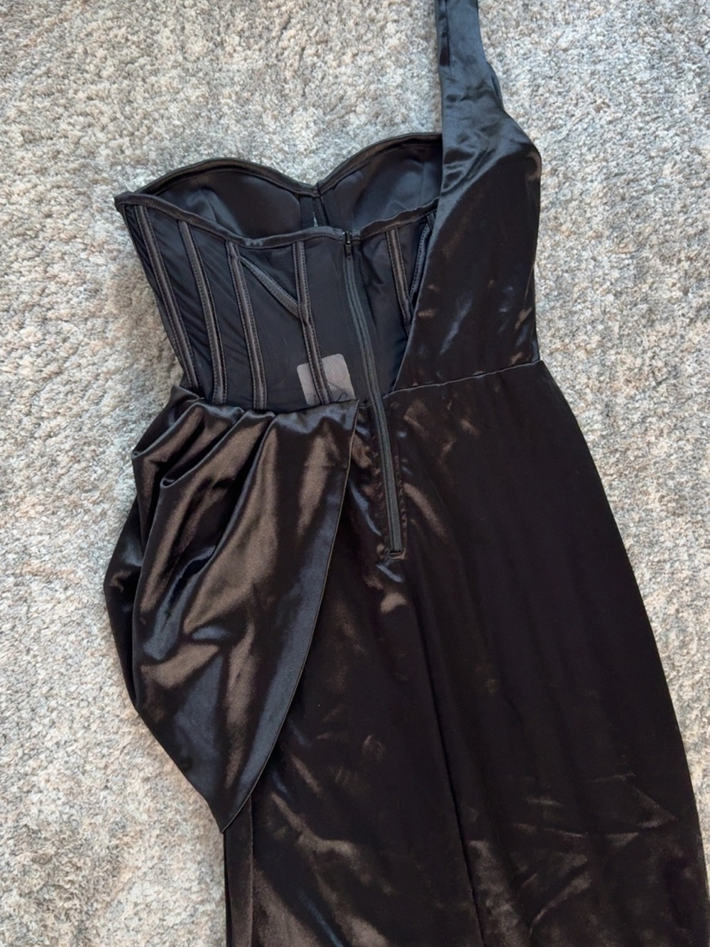 Windsor Black Satin Bustier Mesh-Panel Prom Gown with Thigh Slit - Picture 8 of 9